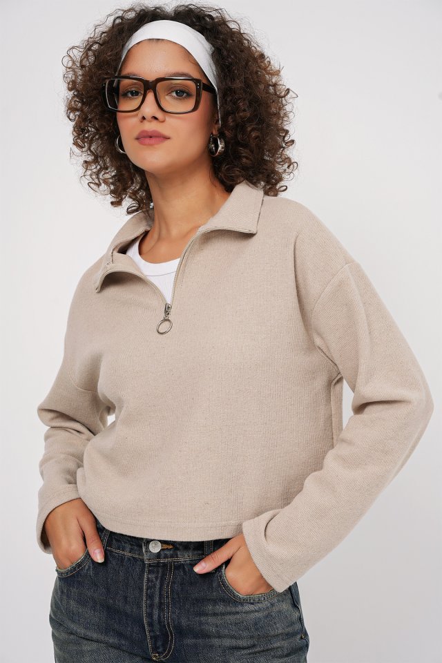 55449 Fermuarlı Yaka Örme Sweatshirt - Krem