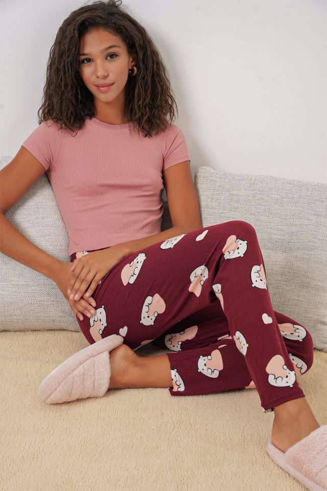 4323 Desenli Pijama Altı - Bordo