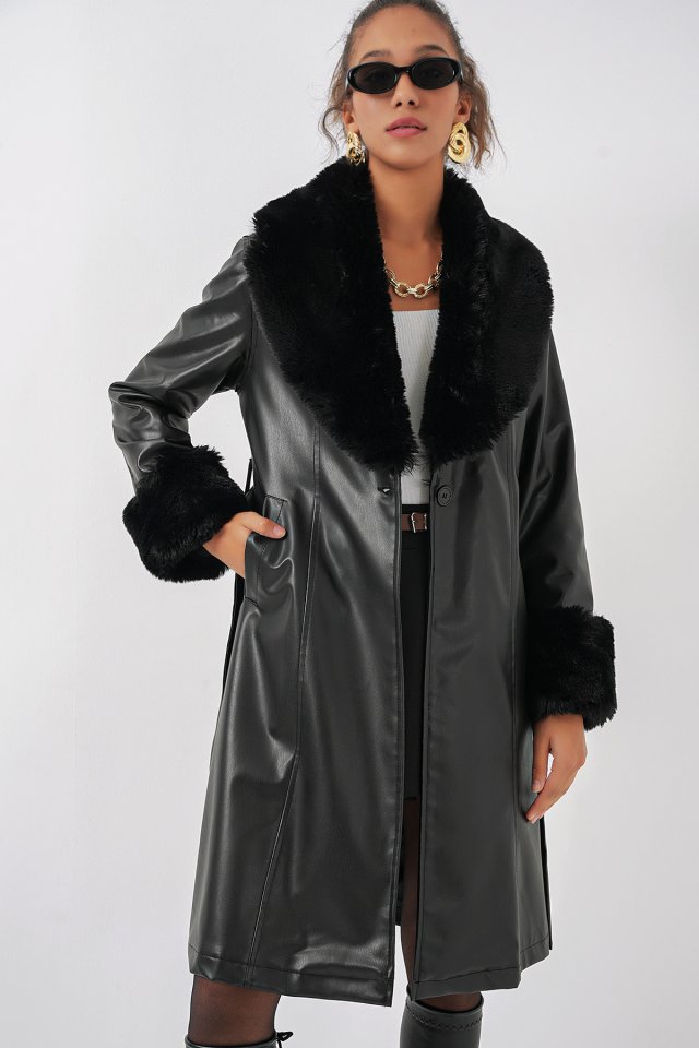 1045 Fur Leather Coat - Black