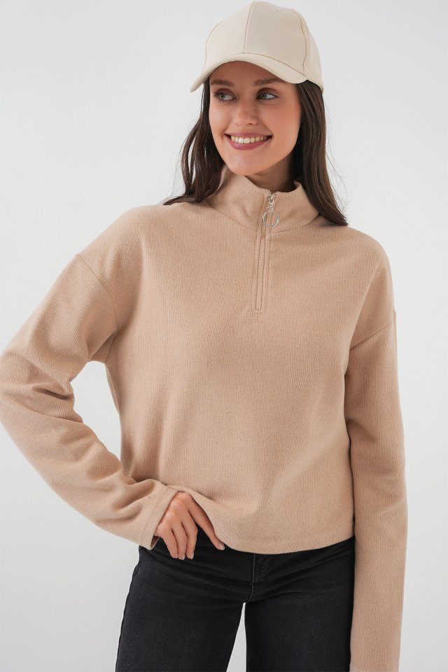 55449 Fermuarlı Yaka Örme Sweatshirt - Camel