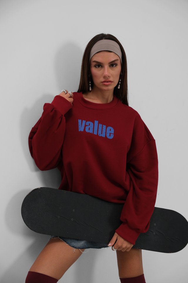 Baskılı Sıfır Yaka Oversize Sweatshirt