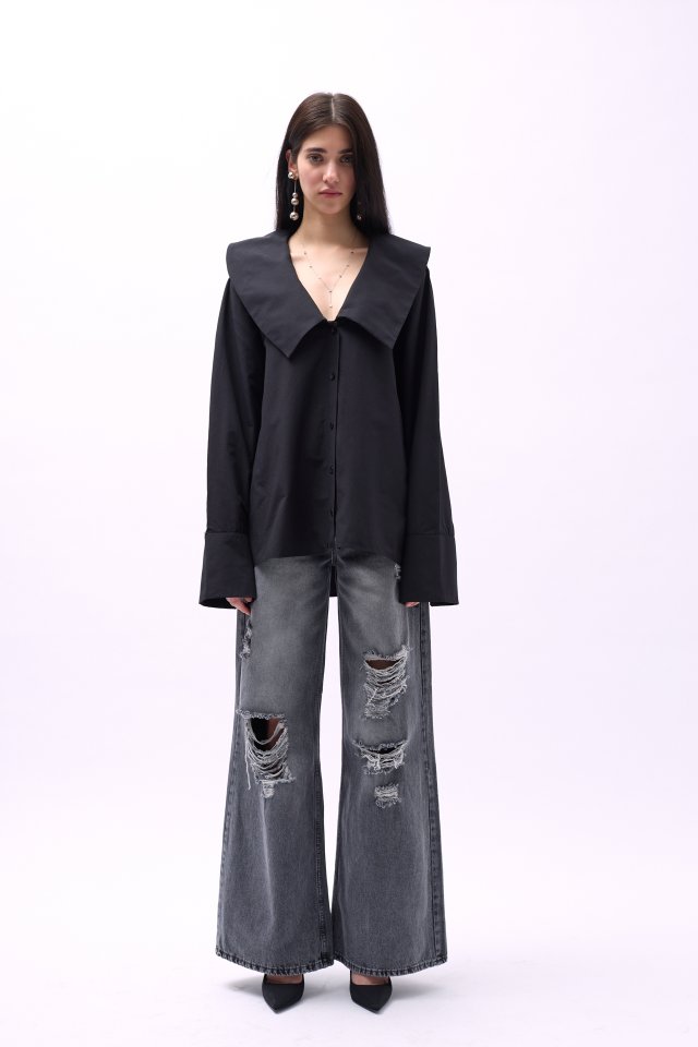 Geniş Yaka Volan Kol Gömlek