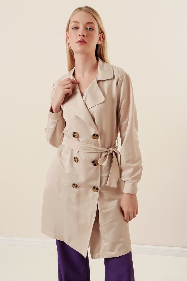 5864 Kruvaze Collar Short Trenchcoat - Beige