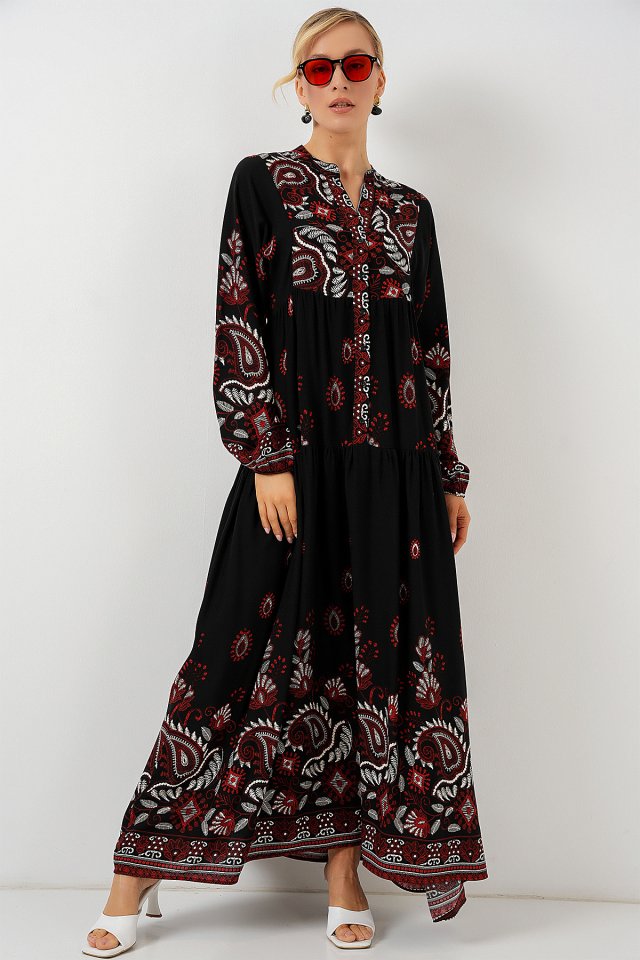 2423 Patterned Authentic Tape Dress - Black - Bordo