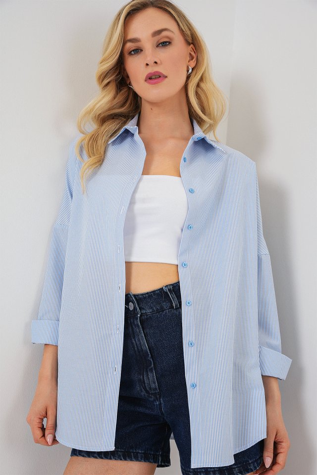 Stripe Oversize Shirt 20332 - Light Blue