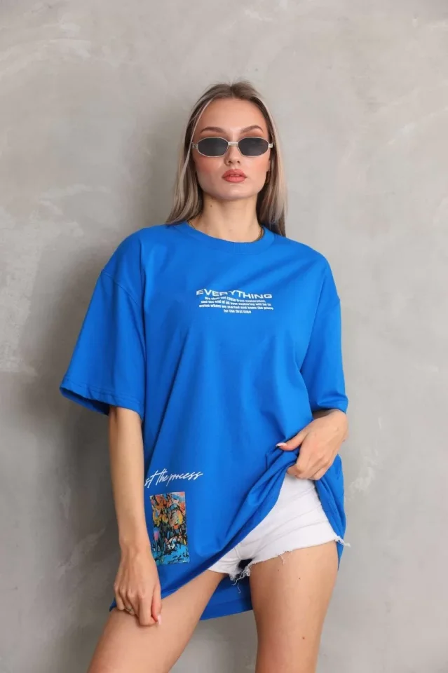 Unisex Bike Collar Printed Oversize T-Shirt - Blue