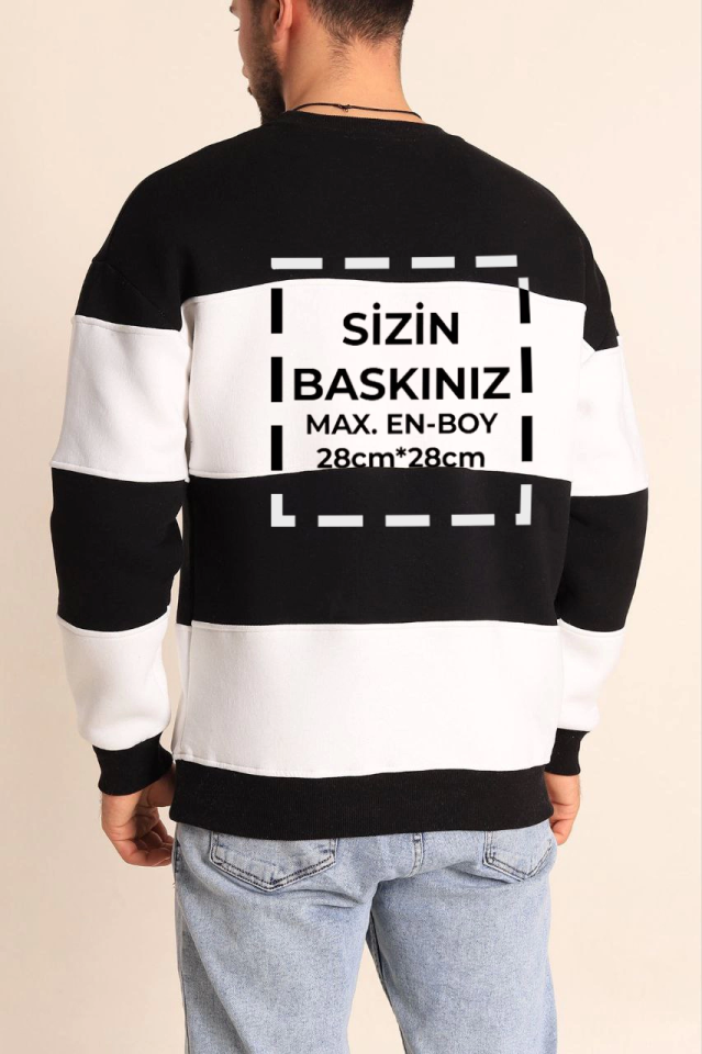 Bisiklet Yaka Parçalı Özel Üretim Sweatshirt- Siyah