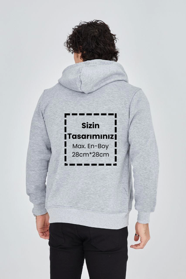 Unisex Tam Fermuarlı Kapşonlu Özel Tasarım SweatShirt - Gri