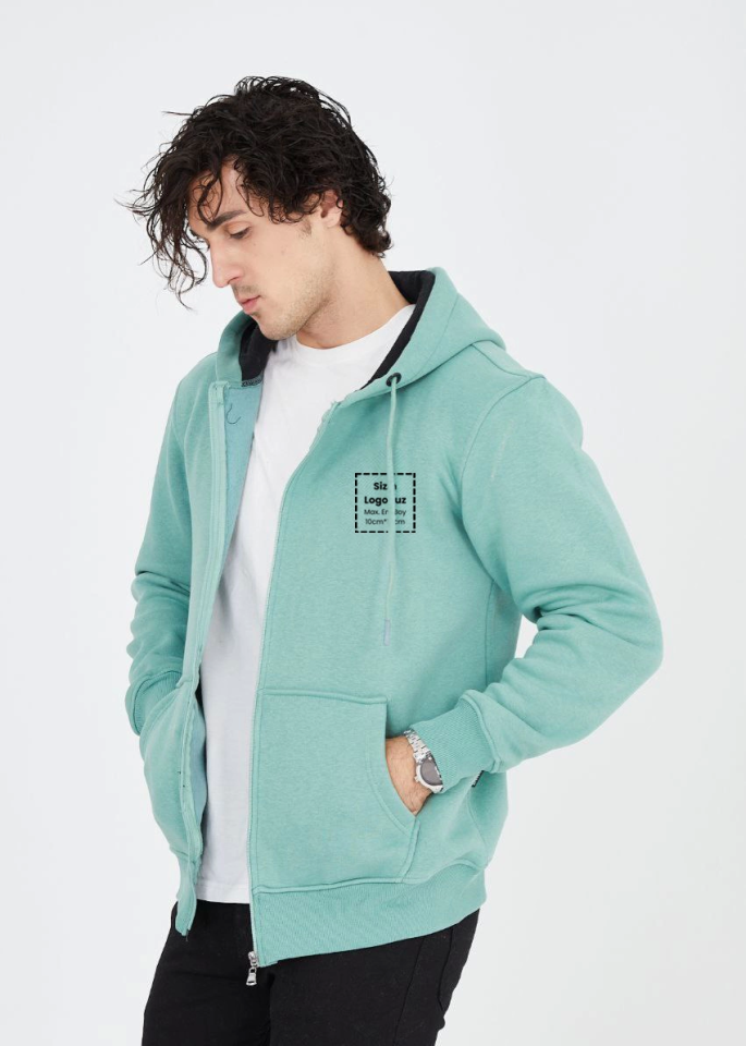 Unisex Tam Fermuarlı Kapşonlu Özel Tasarım SweatShirt - Mint Yeşili