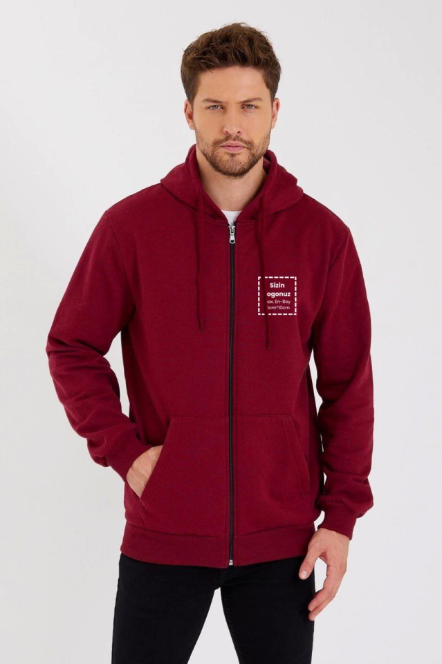 Unisex Tam Fermuarlı Kapşonlu Özel Tasarım SweatShirt - Bordo