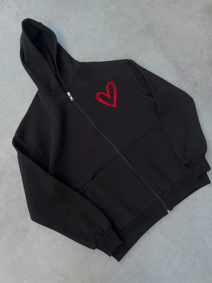 Three Yarn Printed Zipper Hooded Hırka - Black
