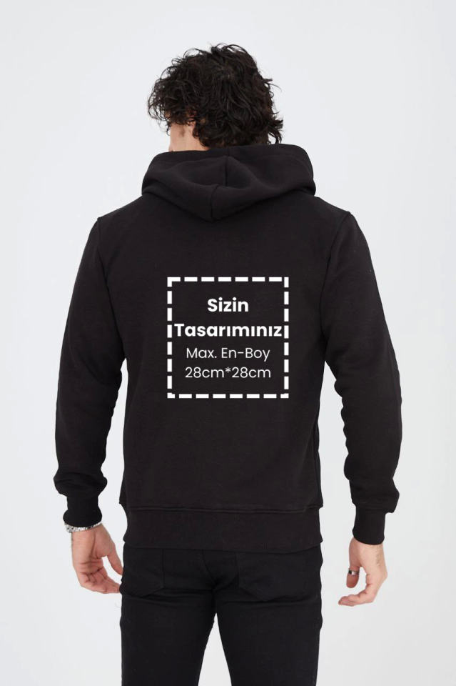 Unisex Tam Fermuarlı Kapşonlu Özel Tasarım SweatShirt - Siyah