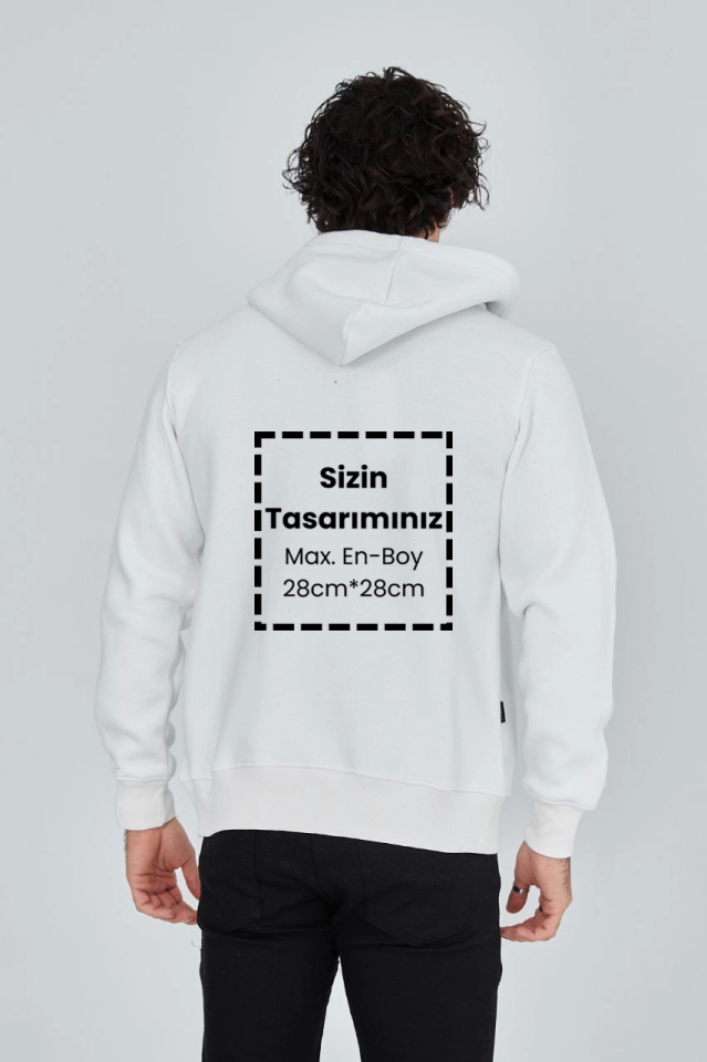 Unisex Tam Fermuarlı Kapşonlu Özel Tasarım SweatShirt - Beyaz