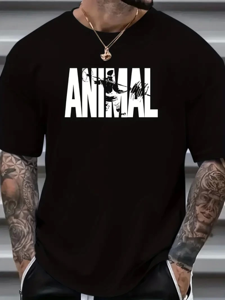 ANIMAL Desen Baskı Erkek Oversive Tişört, Grafik Tişört Erkek Yazlık Outdoor Kıyafetleri, Sporda Ve Günlük Giyime Uygun - Siyah