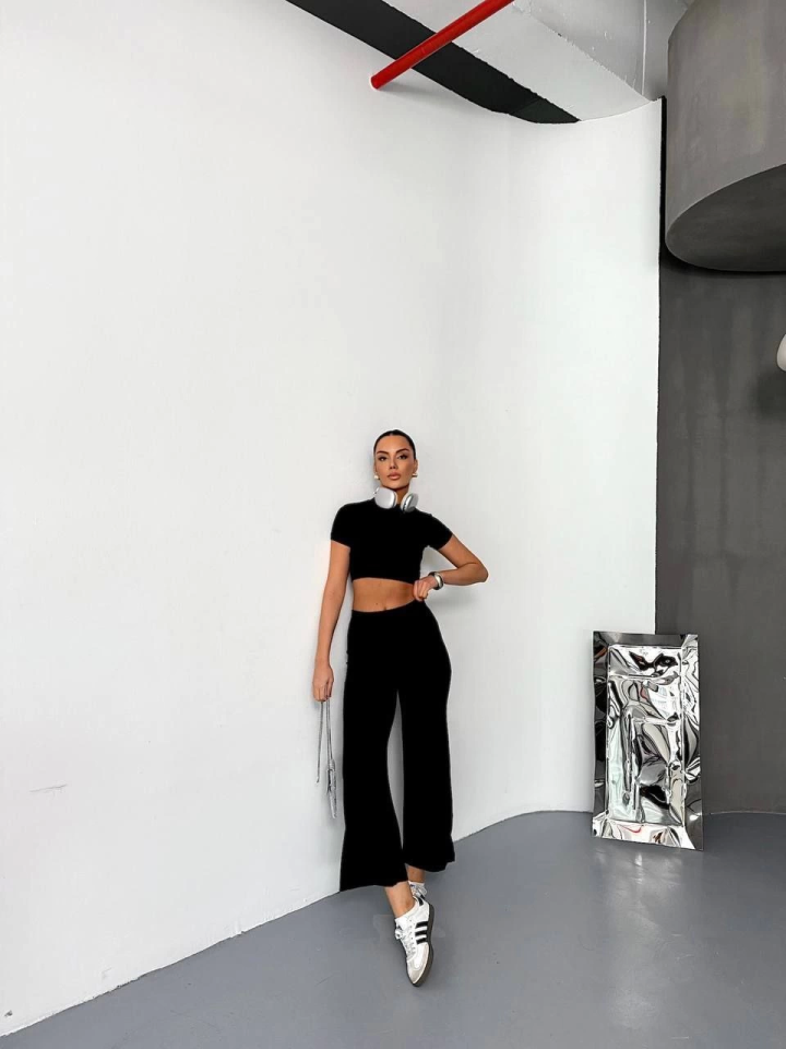 Osy Modal Soft Textured Fabric Short Sleeve Crop Bottom Spinach Pantalon Twin Tool - Black