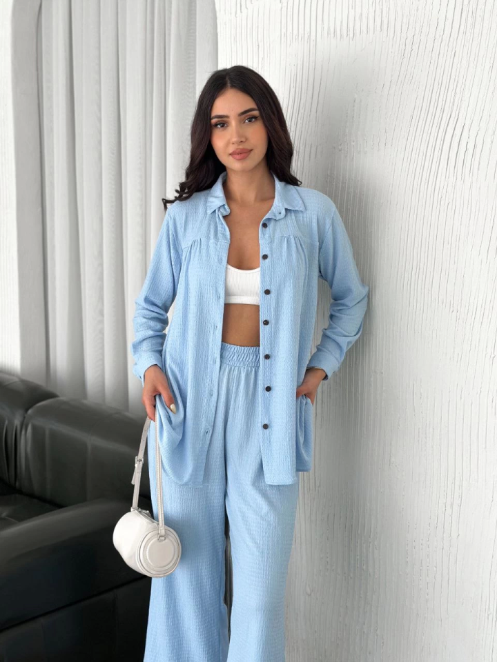 Long Sleeve Shirt Pants With Collar Button Two Sets - Baby Blue