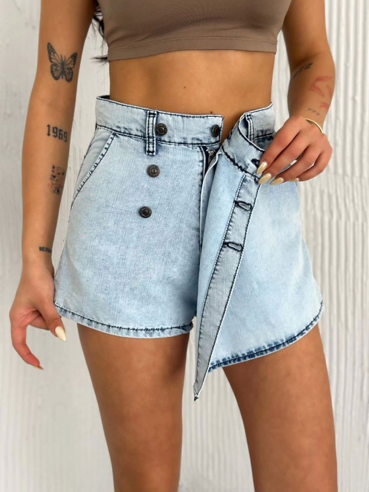 Kot Jeans Kesimetrik Kesim Cepli Şortlu Etek - Gri