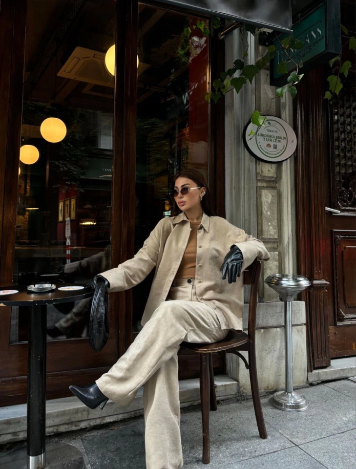 Suede Shirt Palazzo Pants Binary Suit - Beige