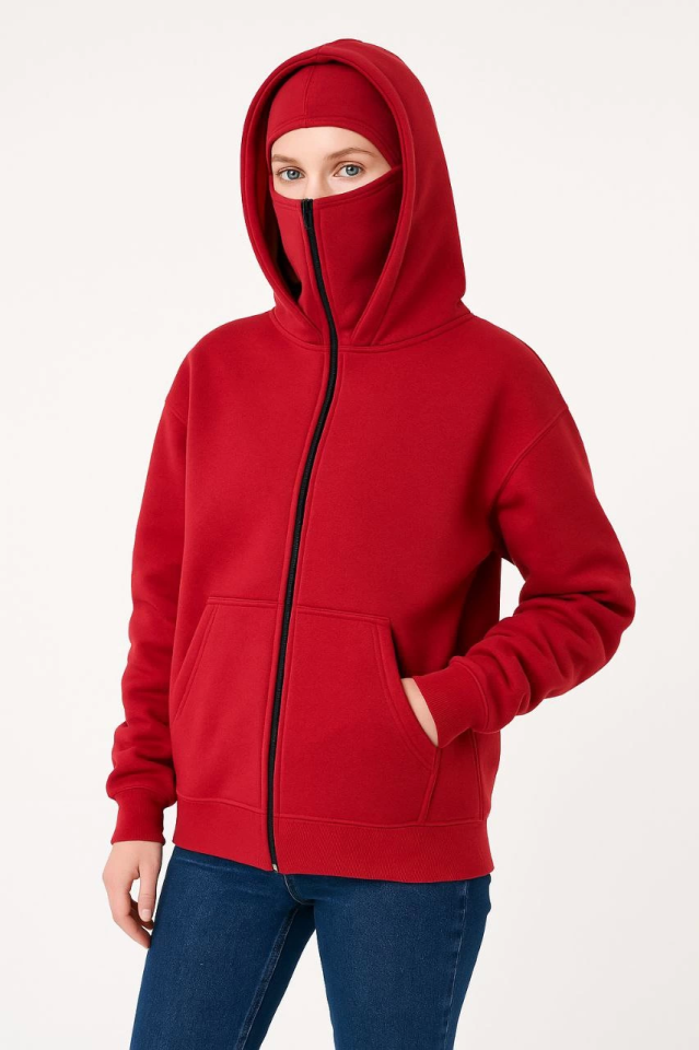 Samuray Ninja Çift Kapüşonlu Hoodie Oversize Kanguru Cepli, Bahar - Kışlık Fermuarlı Sweatshirt- Kırmızı