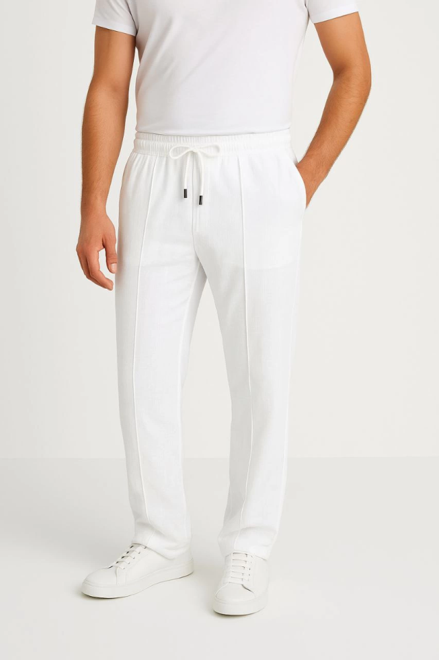 Erkek Keten Pantolon – Cepli, Beli Lastikli Ve Bağcıklı, Nefes Alan Rahat Kalıp, Yazlık Ve Baharlık Günlük Giyim, Şık - Konforlu Boru Paça Model - Beyaz