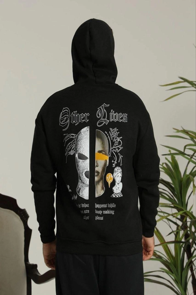 Erkek Kapşonlu Sweatshirt – Oversize Üç İplik Şardonlu Hoodie, “Other Lives” Ön - Arka Baskılı, Kanguru Cepli, Kışlık Rahat Günlük Stil - Siyah