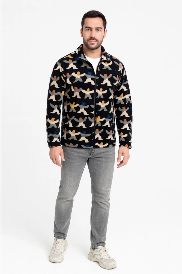 Erkek Tam Fermuarlı Desenli Polar Sweat – Siyah Multicolor Figür Desen Yakalı, Uzun Kollu, Oversize Rahat Kalıp- Siyah