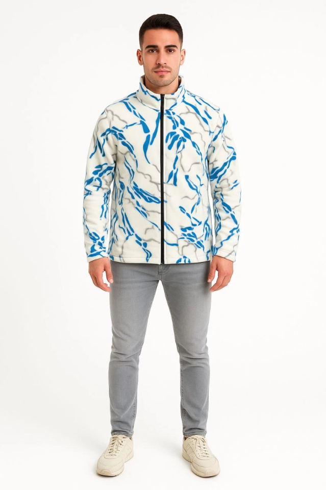 Erkek Tam Fermuarlı Desenli Polar Sweat Lightning Desen Yakalı, Uzun Kollu, Oversize Rahat Kalıp - Beyaz