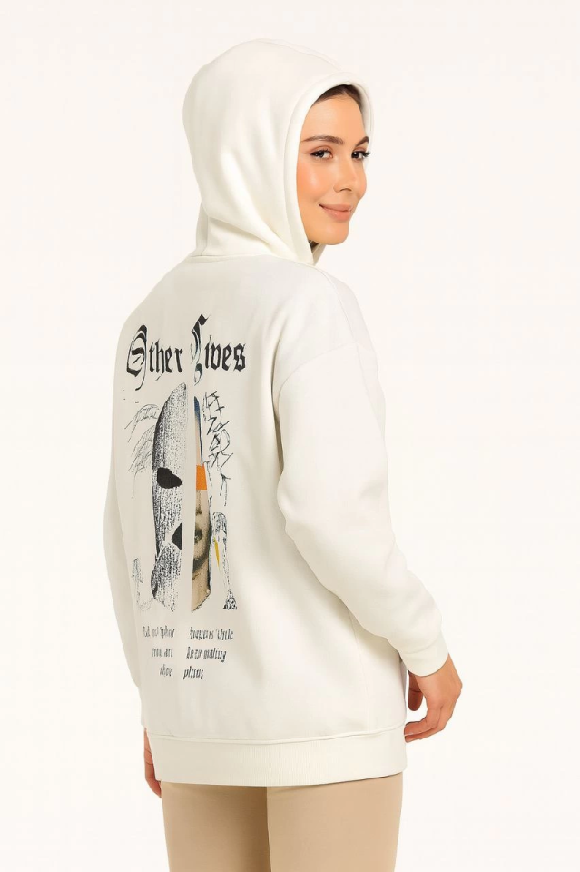 Kapşonlu Sweatshirt – Oversize Üç İplik Şardonlu Hoodie, “Other Lives” Ön - Arka Baskılı, Kanguru Cepli, Kışlık Rahat Günlük Stil - Beyaz