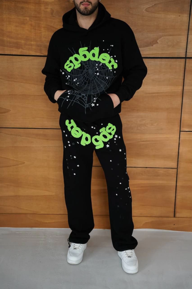 Erkek Kapüşonlu Eşofman Takım Örümcek Ağı Ve Neon Yeşil Baskılı Kanguru Cepli Oversize Rahat Kalıp, Premium Üç İplik Kumaş - Siyah