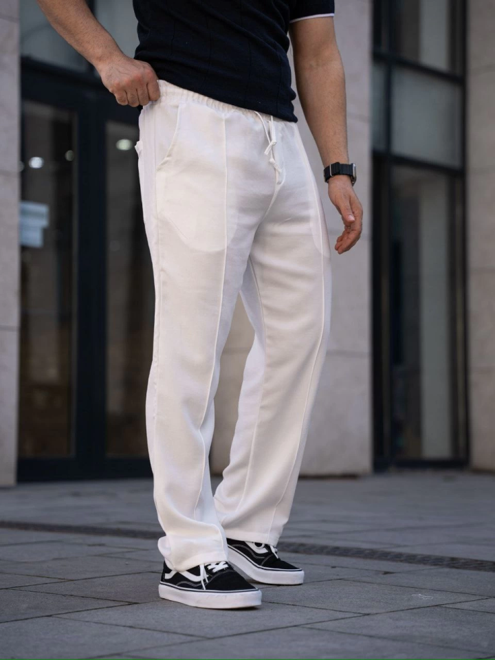 Erkek Keten Cepli Çıma Dikişli Jogger Buggy Pantalon Rahat Kalıp - Beyaz