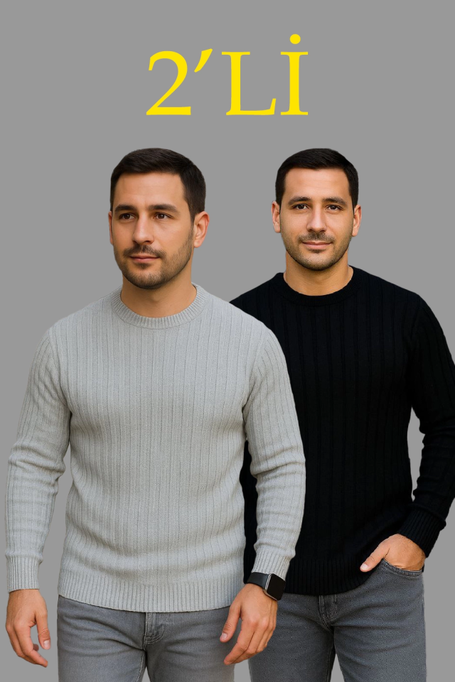 Erkek Fitilli Triko Kazak 2’li Set – Siyah - Gri, Kalın Dokuma Pamuklu Regular Fit Bisiklet Yaka Uzun Kollu Rahat Kışlık Kazak Kombini