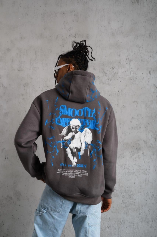 Erkek Yıldırım Baskılı Kapşonlu Sweatshirt - Gri