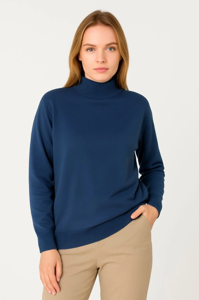 Yarım Boğaz Triko Kazak Yumuşak Dokulu Pamuklu Ince Dokuma, Uzun Kollu Rahat Regular Kalıp - İndigo