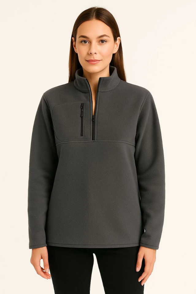 Polar Kazak – Dik Yaka, Yarım Fermuarlı, Fermuarlı Göğüs Cepli, Siyah Biyeli, Kışlık Rahat Regular Fit Günlük Model - Füme