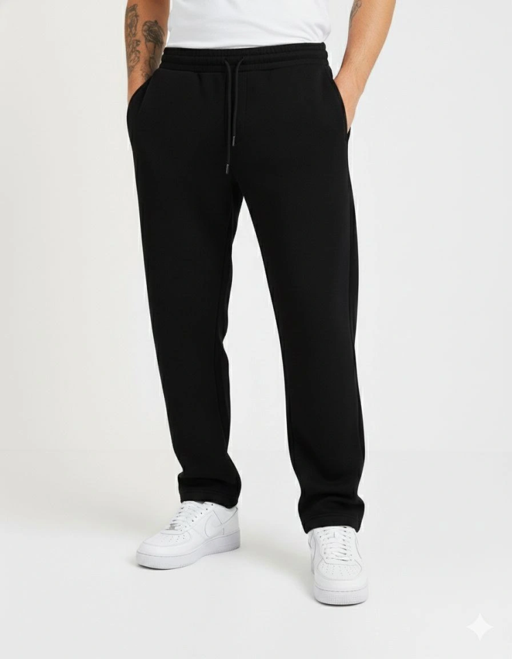 Erkek Üç Iplik Kışlık Pamuklu Ovarsize Bağcıklı Düz Paça Cepli Eşofman Altı Spor Rahat Model - Siyah