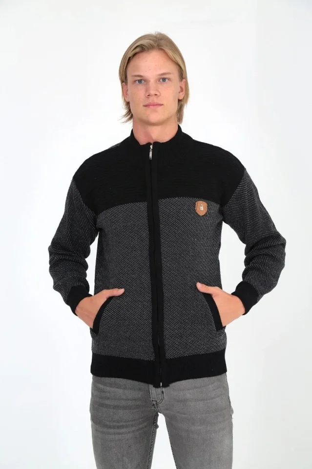 Erkek Fermuarlı Triko Hırka Yüksek Yaka, Cepli, Günlük Şık Rahat Kalıp Triko - Siyah