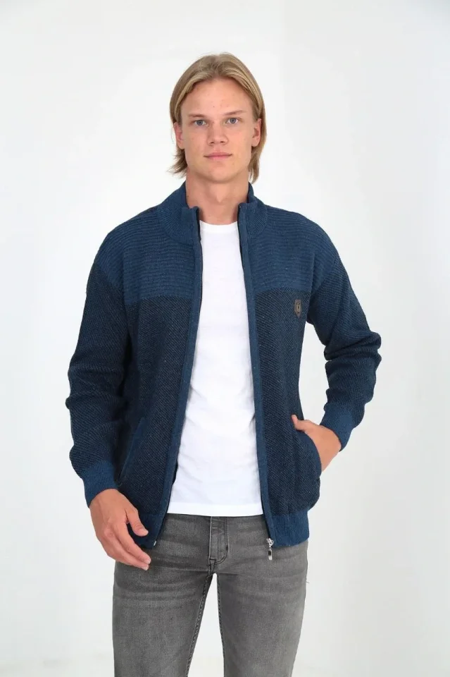 Erkek Fermuarlı Triko Hırka Yüksek Yaka, Cepli, Günlük Şık Rahat Kalıp Triko - Mavi