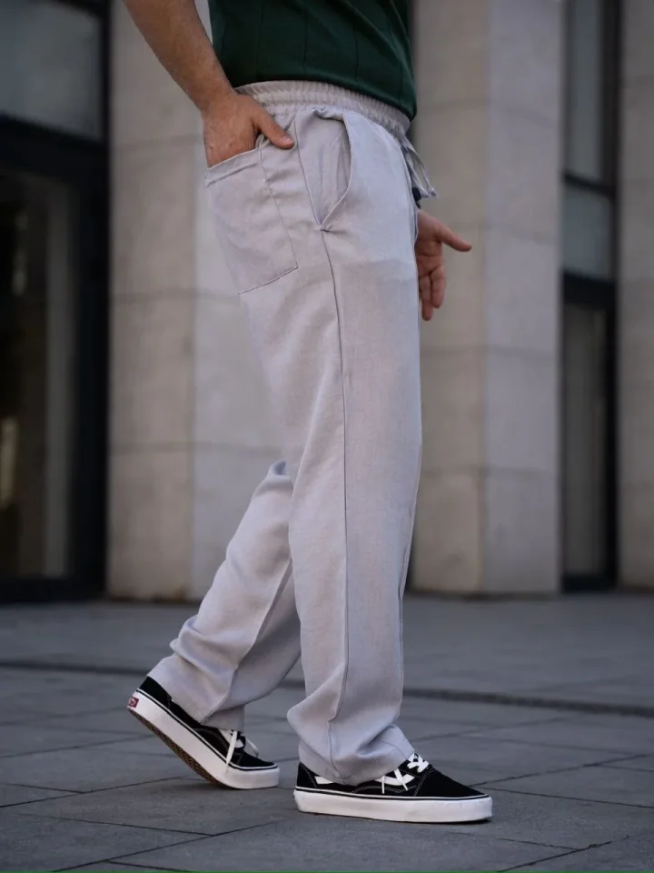 Erkek Keten Cepli Çıma Dikişli Jogger Buggy Pantalon Rahat Kalıp - Gri
