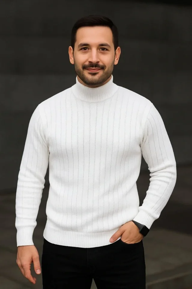 Erkek Fitilli Kazak Tam Boğazlı Balıkçı Yaka Triko 3lü Set Beyaz-Gri-Siyah