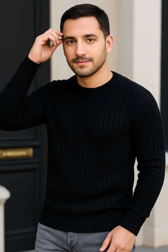 Erkek Fitilli Triko Kazak 2’li Set Bej Beyaz Kalın Dokuma Pamuklu Regular Fit Bisiklet