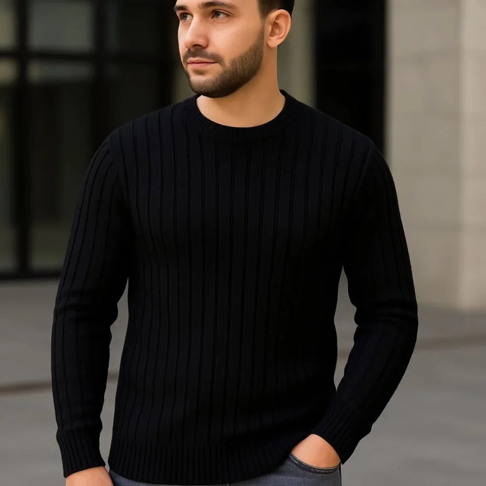 Erkek Fitilli Triko Kazak 2’li Set Bej Beyaz Kalın Dokuma Pamuklu Regular Fit Bisiklet