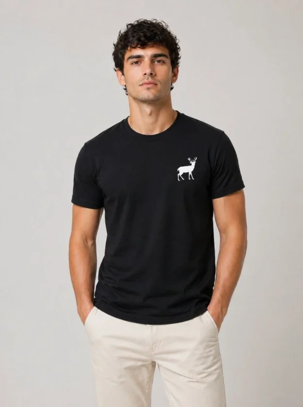 Erkek Minimal Geyik Logolu Tişört Bisiklet Yaka Kısa Kol Yazlık T-Shirt - Siyah