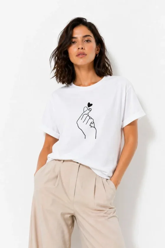 Kore Parmak Kalp Aşk Temalı Minimal Baskılı Tişört Yazlık Kısa Kol T-Shirt - Beyaz
