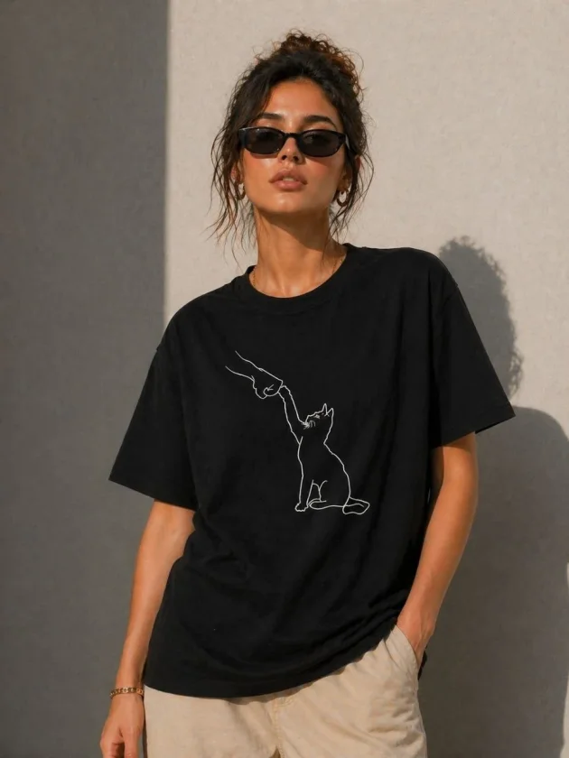 Minimal Kedi Çizim Baskılı Tişört Kısa Kol Yazlık T-Shirt - Siyah
