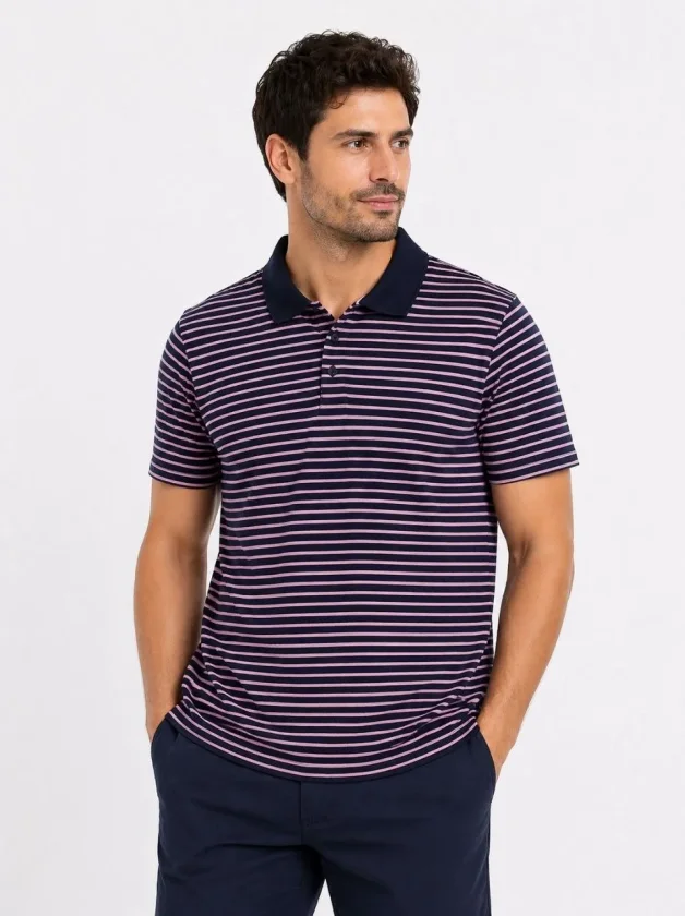 Erkek Pike Kumaş Gül Kurusu Çizgili Polo Yaka Tişört Kısa Kol T-Shirt - Siyah