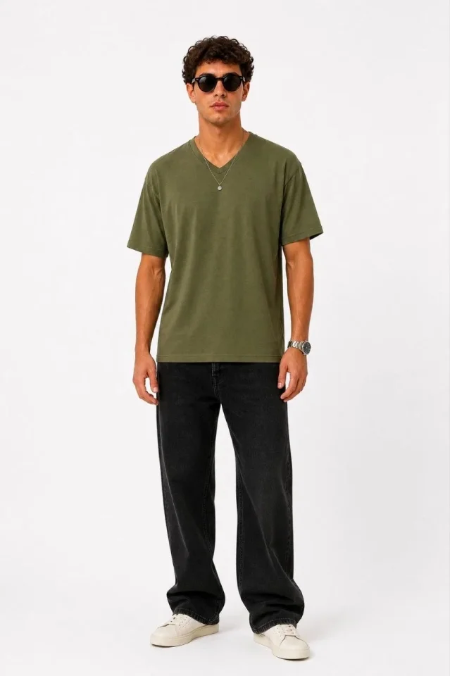 Erkek V Yaka Basic Tişört Kısa Kol Yazlık Regular Fit T-Shirt - Haki