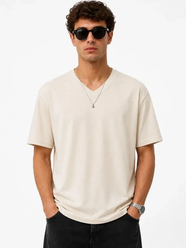 Erkek V Yaka Basic Tişört Kısa Kol Yazlık Regular Fit T-Shirt - Bej
