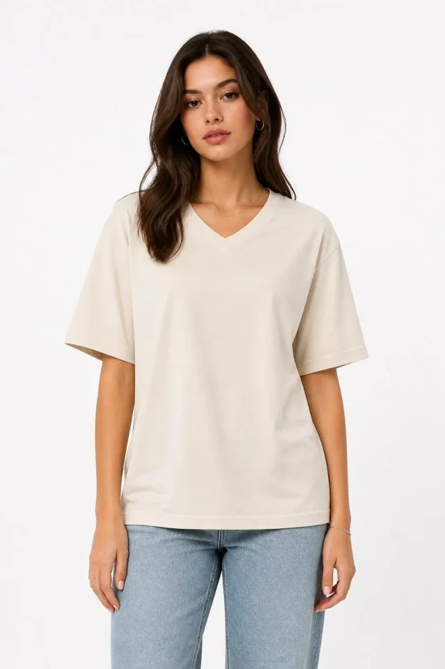 V Yaka Basic Tişört Kısa Kol Yazlık Regular Fit T-Shirt - Bej