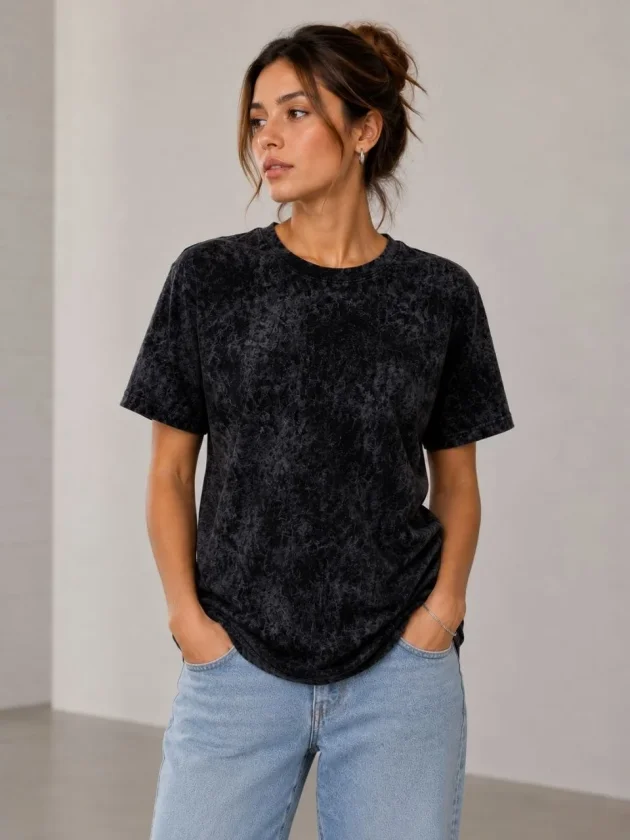 Yıkamalı Washed Effect Tişört Bisiklet Yaka Sokak Stil Kısa Kol T-Shirt - Siyah