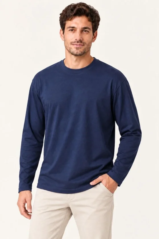 Erkek Modal Yumuşak Dokulu Bisiklet Yaka Uzun Kollu Tişört Sweatshirt - Lacivert